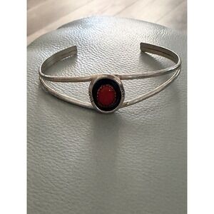 Vintage Red Coral Native American Open Sterling Silver Cuff Bracelet Signed DH